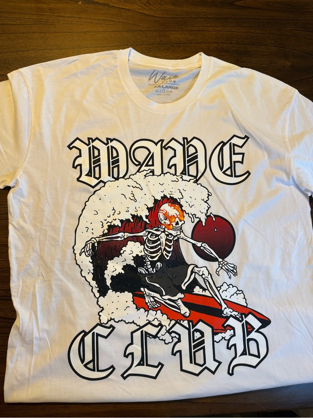 White Wave Club Graphic T-Shirt with Skeleton Surf Design